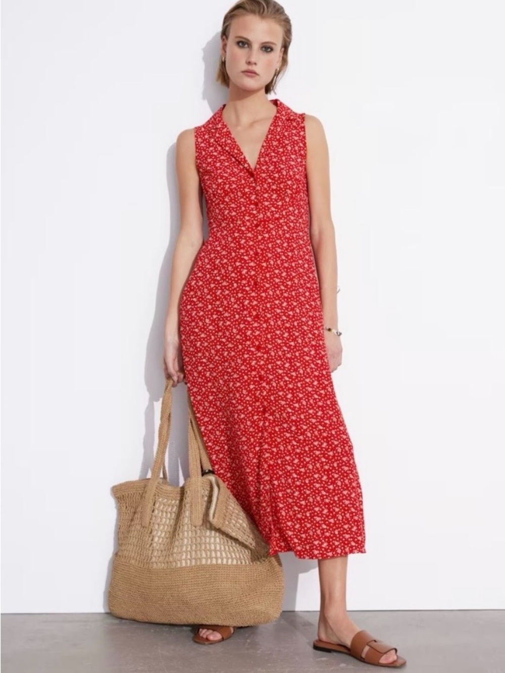 & Other Stories 90’s Red Collared Midi Shirt Dress